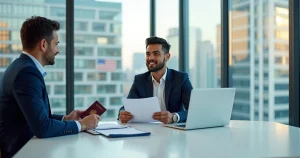 Empreendedor brasileiro abrindo conta bancária em banco nos Estados Unidos