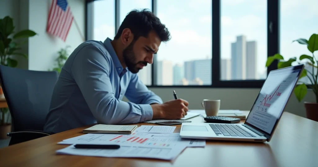 Contabilidade nos EUA: 7 erros que empreendedores cometem 6 Empreendedor brasileiro analisando relatórios contábeis em escritório nos Estados Unidos
