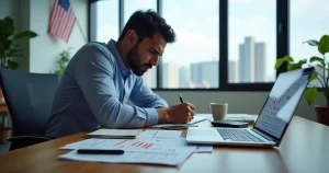 Empreendedor brasileiro analisando relatórios contábeis em escritório nos Estados Unidos