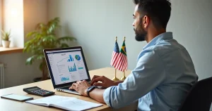 Empresário analisando impostos de LLC com bandeiras dos EUA e do Brasil