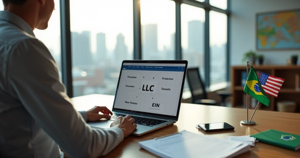 Como abrir LLC nos EUA: Guia prático para brasileiros 4 Empreendedor brasileiro planejando abrir LLC nos EUA com bandeiras e documentos sobre a mesa