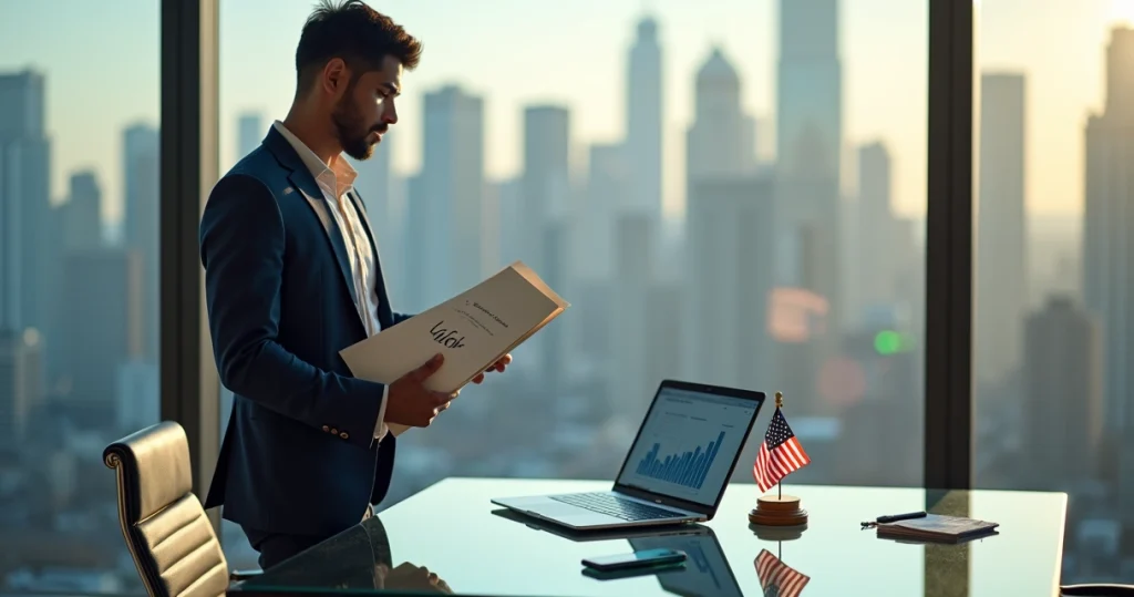 LLC: Guia Completo Para Abrir Sua Empresa Nos EUA 5 Empreendedor brasileiro em frente a skyline dos EUA segurando documentos de LLC