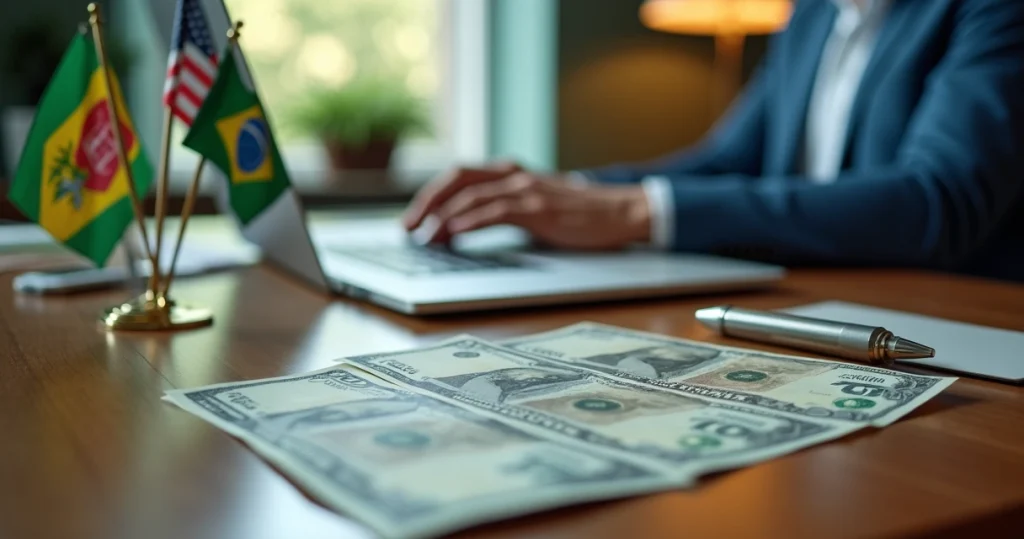 Como transferir dinheiro do Brasil para os EUA em 2026 10 Empresário brasileiro usando notebook com dólares e reais sobre a mesa e bandeiras do Brasil e EUA ao fundo