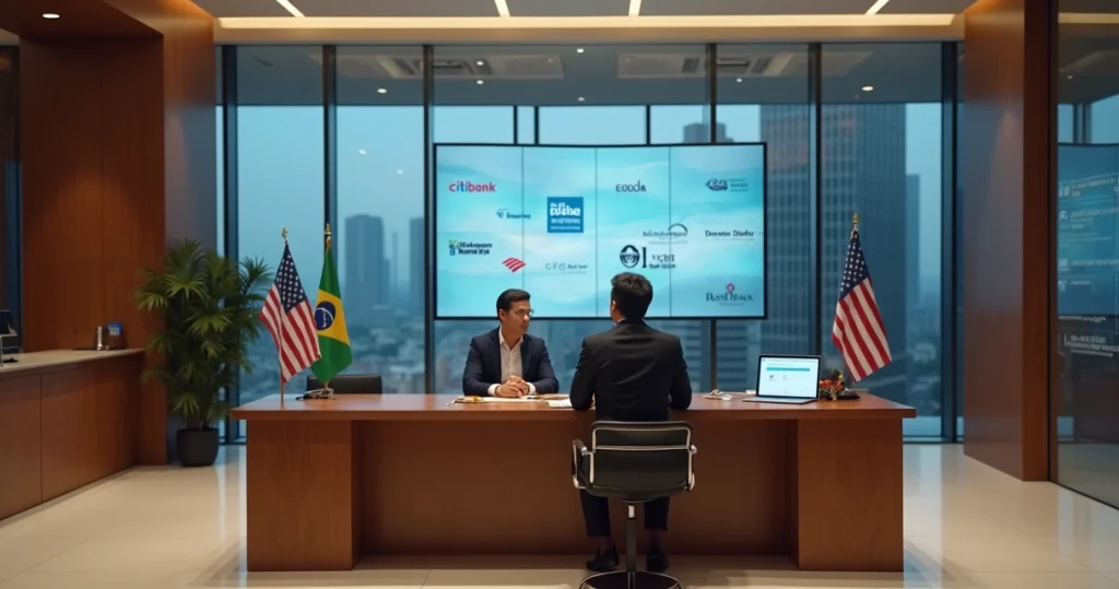 Bancos americanos no Brasil: como abrir conta e operar 8 Pessoa brasileira abrindo conta em banco americano com bandeiras do Brasil e EUA
