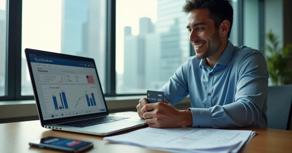 Como Abrir Conta em Banco Americano: Passo a Passo Para Brasileiros 10 Empresário brasileiro usando notebook para abrir conta em banco americano online