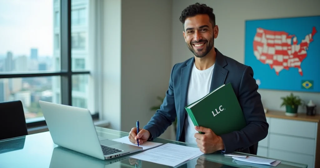 Como abrir uma LLC nos EUA: guia prático para brasileiros 4 Empreendedor brasileiro sorrindo com documentos de LLC em frente a bandeiras dos EUA