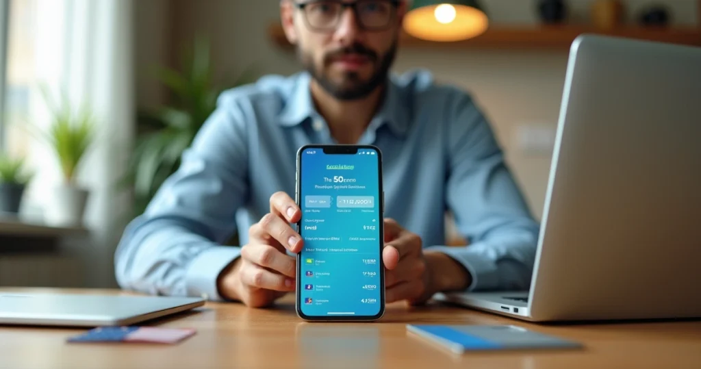 Banco Digital nos EUA para Brasileiros: Guia Completo de Abertura e Uso 3 Brasileiro usando app de banco digital dos EUA no celular com cartão e bandeira americana ao fundo