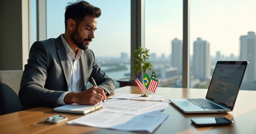 Tax ID nos EUA: Guia para Brasileiros Abrirem Empresa 7 Empresário brasileiro analisando documentos fiscais dos EUA com bandeiras americana e brasileira ao fundo