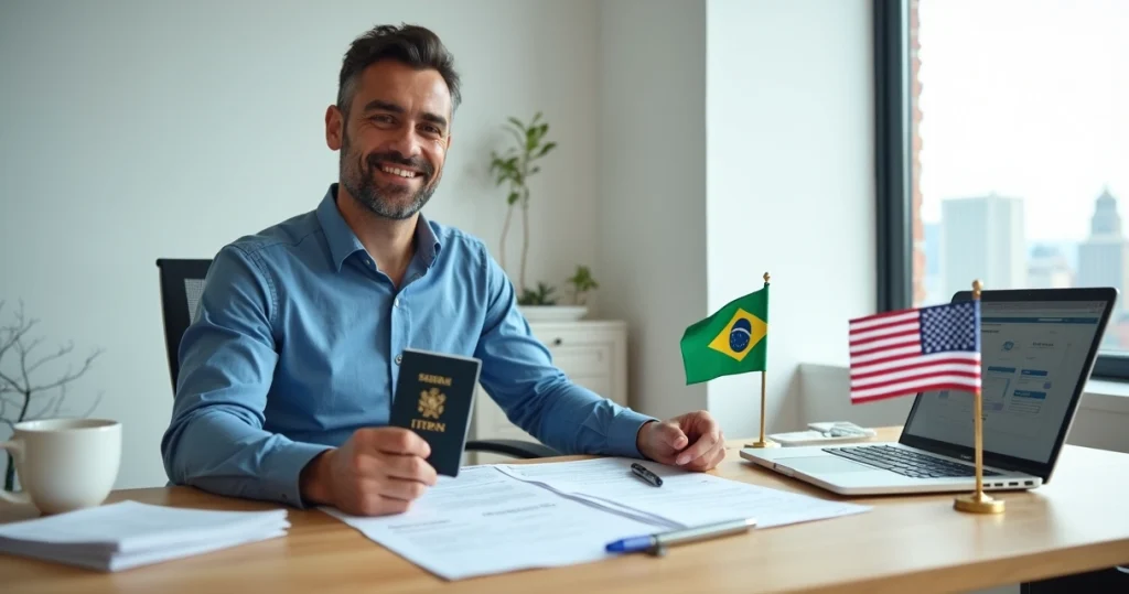 Tax Identification nos EUA: Guia Completo para Brasileiros 9 Empresário brasileiro segurando passaporte e formulários fiscais dos EUA diante de bandeiras do Brasil e dos Estados Unidos