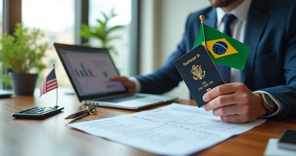 Taxpayer ID nos EUA: Guia Rápido para Brasileiros 1 Empresário brasileiro segurando passaporte e formulários fiscais dos EUA em frente a bandeiras do Brasil e dos Estados Unidos