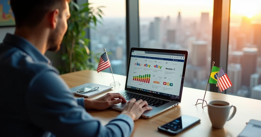 US Marketplace: Guia para Brasileiros Venderem nos EUA 1 Empreendedor brasileiro analisando vendas em marketplaces dos EUA no laptop