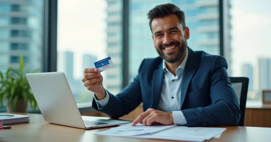 SSN nos EUA: como obter e usar o número de identificação 7 Empreendedor brasileiro segurando cartão de Social Security dos Estados Unidos em um escritório moderno