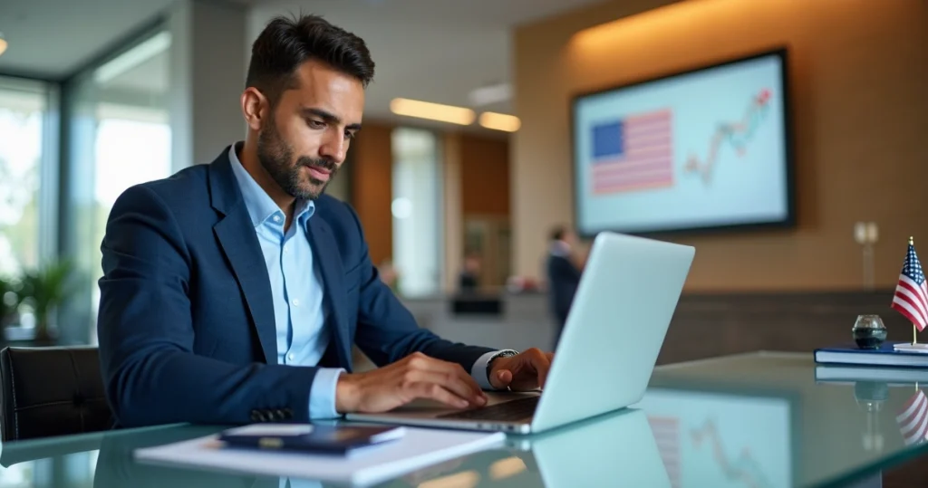 Como Abrir Conta em Banco Americano: Guia para Brasileiros 10 Empreendedor brasileiro abrindo conta em banco americano com cartão e bandeira dos EUA ao fundo