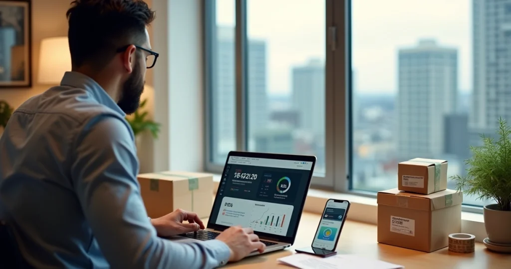 D2C: Guia para Brasileiros Venderem Direto nos EUA 10 Empreendedor brasileiro gerenciando loja virtual D2C focada em clientes nos EUA
