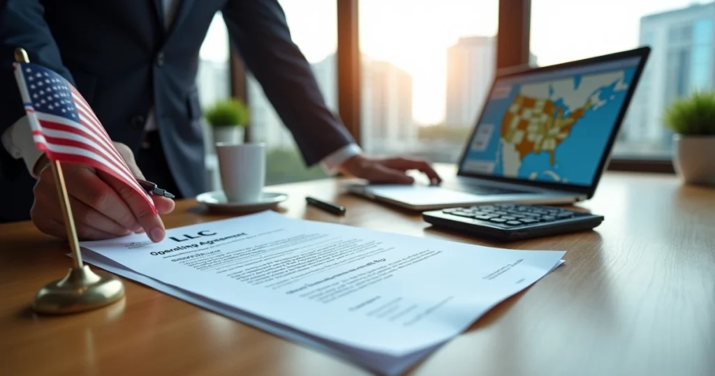 LLC nos EUA: Como Abrir, Vantagens e Erros a Evitar 8 Empresário brasileiro analisando documentos de LLC nos EUA em escritório moderno