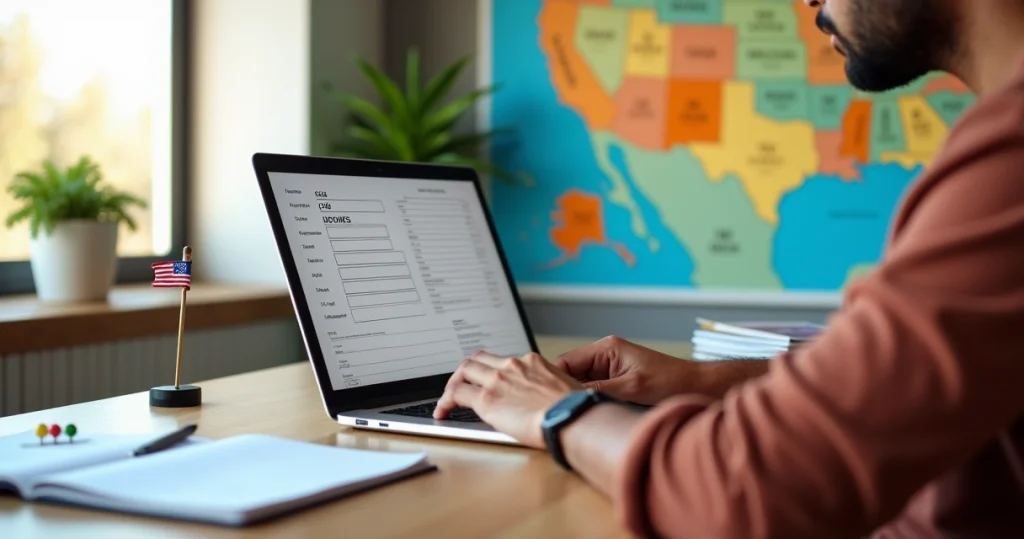 Endereço nos EUA: guia para brasileiros entenderem e utilizarem 6 Brasileiro preenchendo formulário com endereço dos Estados Unidos em laptop