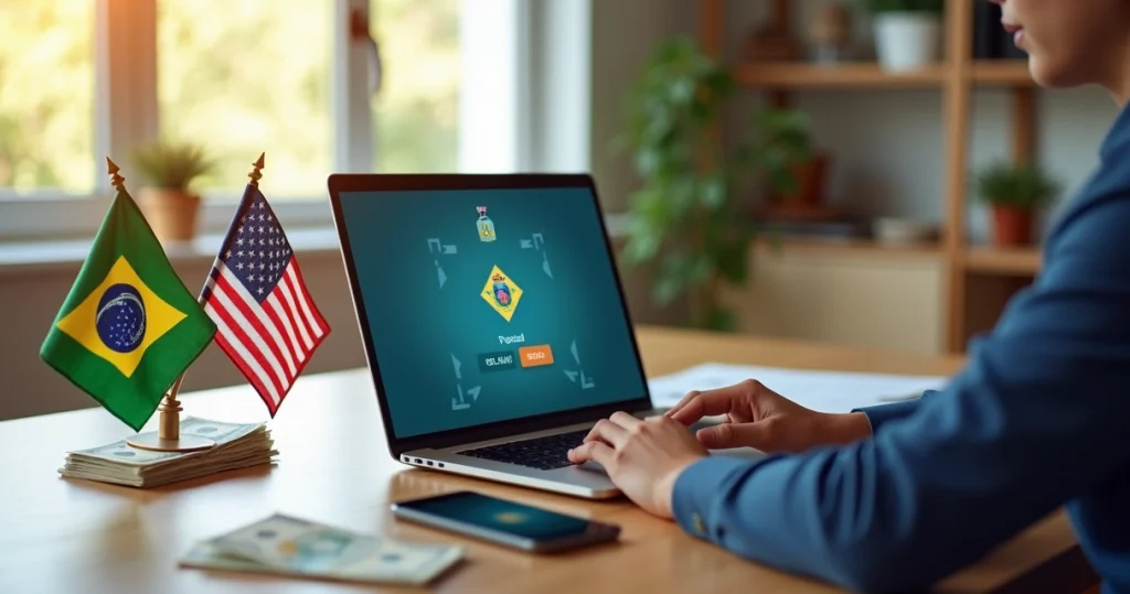 Como Mandar Dinheiro dos EUA para o Brasil: Opções, Taxas e Regras 5 Brasileiro usando notebook para enviar dinheiro dos EUA para o Brasil com bandeiras ao fundo