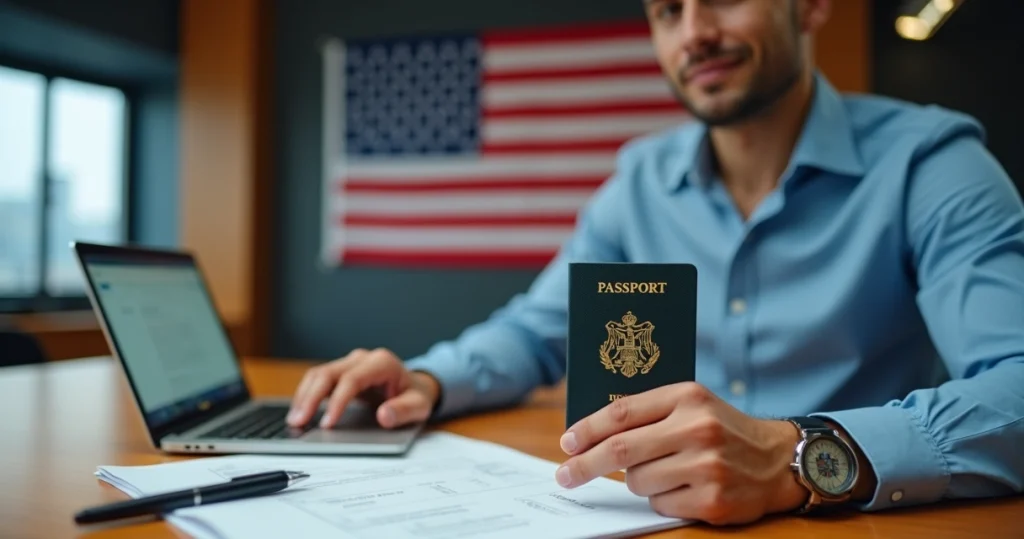 Tax ID nos EUA: Guia Completo para Brasileiros Empreendedores 3 Empresário brasileiro segurando passaporte e formulário de Tax ID com bandeira dos EUA ao fundo