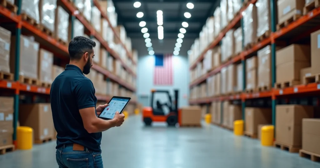 Warehouse nos EUA: como escolher localização e estrutura 6 Galpão logístico nos EUA com prateleiras altas e bandeira americana ao fundo