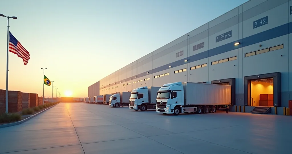 Warehouse nos EUA: Onde Ficam e Como Escolher o Melhor 2 Armazém logístico moderno nos EUA com bandeiras do Brasil e Estados Unidos