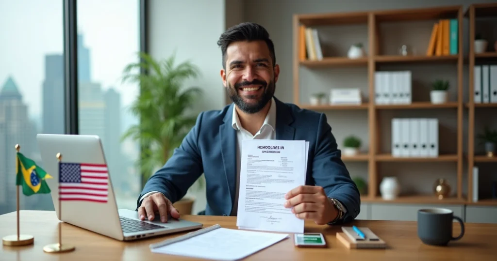 Como abrir empresa nos EUA: Passo a passo LLC, Corporation e EIN 9 Empreendedor brasileiro sorrindo com documentos de LLC e EIN em frente a bandeiras dos EUA e do Brasil
