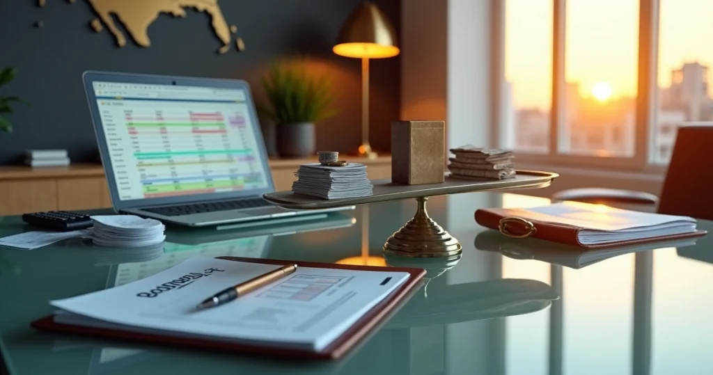 Diferenças entre bookkeeping e contabilidade nos Estados Unidos 2 Balança iluminada comparando planilha de bookkeeping e relatório contábil profissional