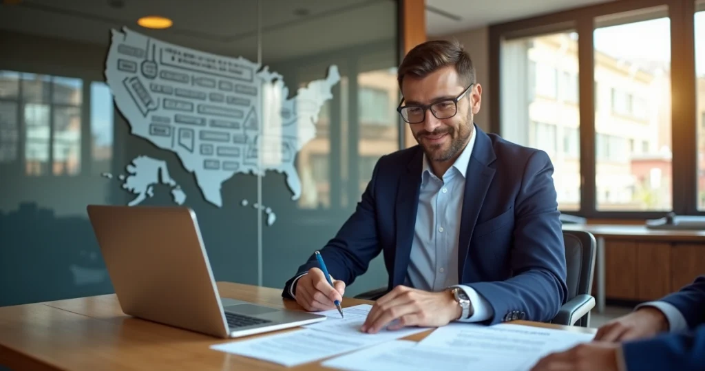 Como abrir empresa nos EUA: passo a passo para brasileiros 2 Empreendedor brasileiro assinando documentos para abrir empresa nos EUA com bandeira americana ao fundo