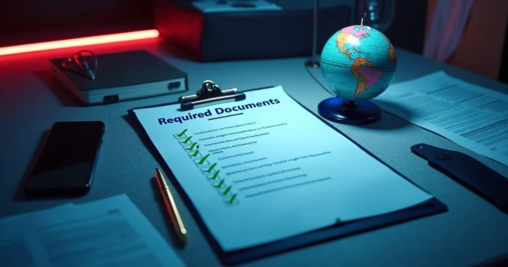 7 documentos obrigatórios antes de faturar nos EUA em 2026 5 Checklist de documentos dos EUA em prancheta com fundo iluminado moderno