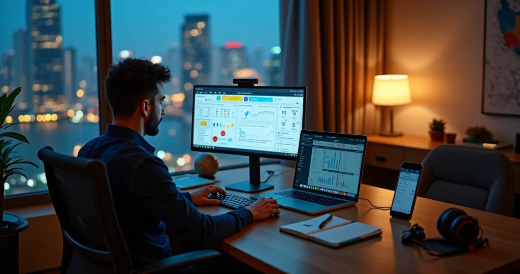 Como manter a contabilidade remota nos EUA: ferramentas úteis 2 Profissional brasileiro trabalhando com contabilidade remota em home office moderno