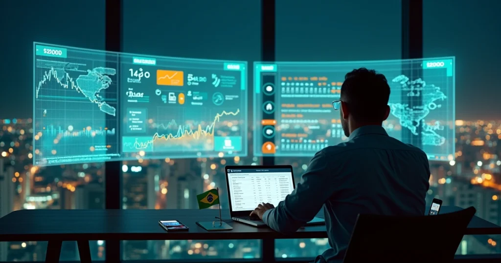 Controle cambial do faturamento em dólar para brasileiros nos EUA 7 Empresário acompanha gráficos cambiais entre dólar e real em painel digital futurista