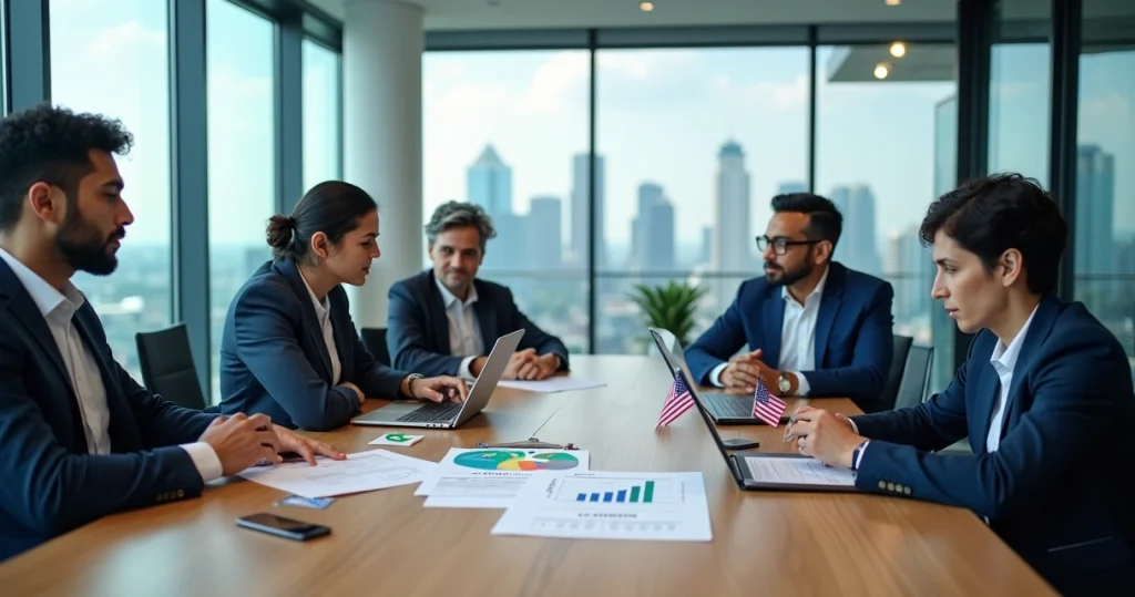 LLC nos EUA: Guia Completo para Brasileiros Empreenderem 10 Empresários brasileiros analisando estrutura de LLC nos Estados Unidos