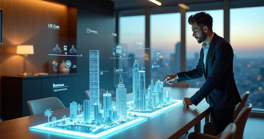 Como escolher o melhor estado dos EUA para sua empresa 8 Empreendedor brasileiro avaliando maquetes de estados dos EUA sobre mesa iluminada