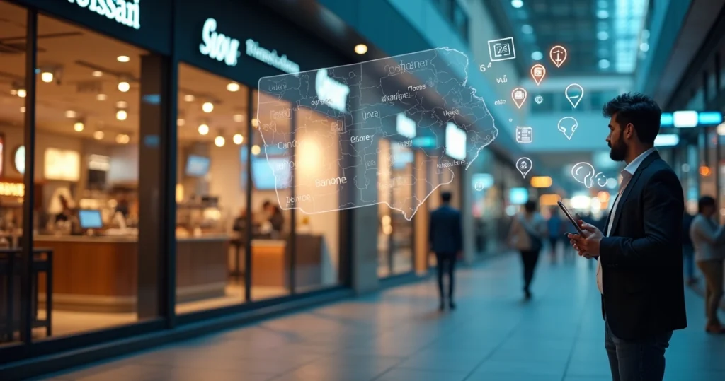 Tudo sobre franquias nos EUA: vantagens e cuidados necessários 7 Empreendedor brasileiro analisa vitrine de franquia nos Estados Unidos com mapa ao fundo