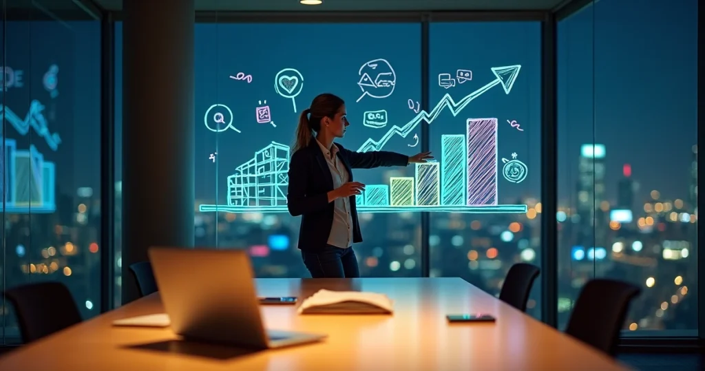 Crédito empresarial nos EUA: Como construir do zero em 2026 6 Empreendedora brasileira desenhando plano de crédito empresarial em quadro de vidro
