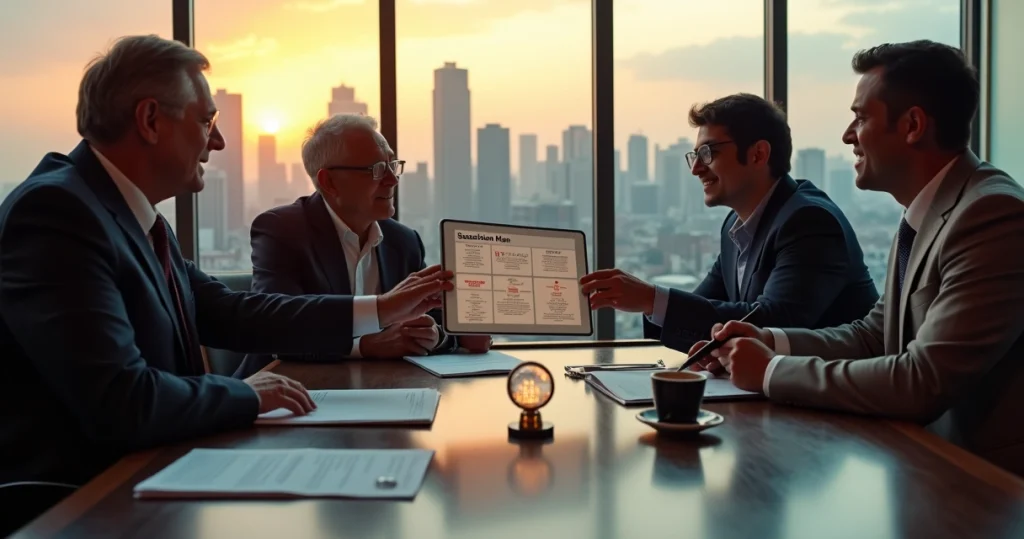 Como planejar a sucessão societária de negócios nos EUA 5 Reunião de família empresária planejando sucessão societária com vista para cidade americana