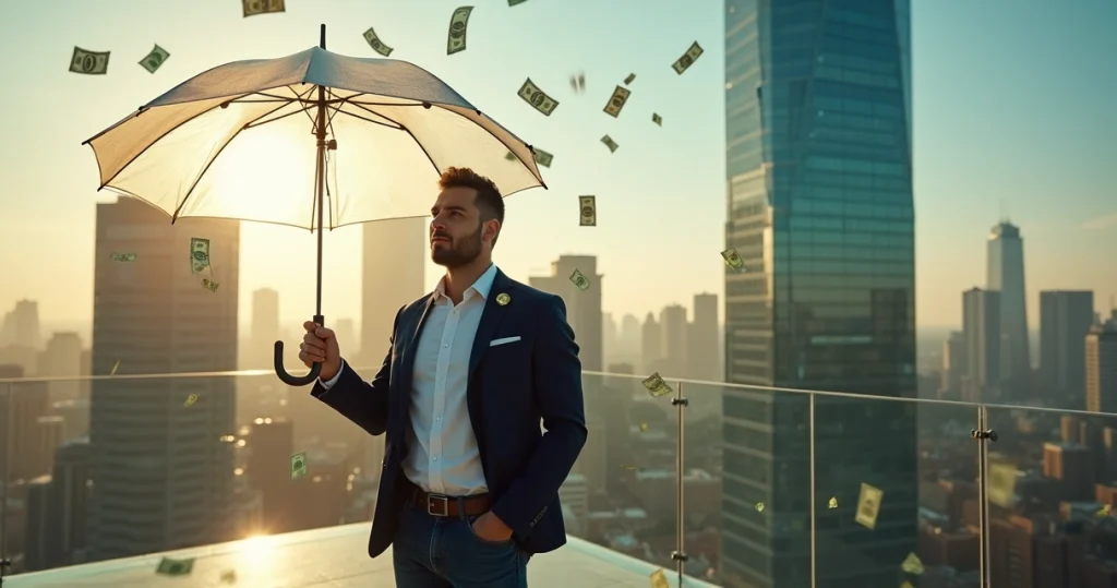 Como funciona a tributação de dividendos de empresas nos EUA 6 Empreendedor brasileiro segura chuva de dividendos em dólares diante de prédios corporativos nos EUA