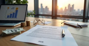 Contrato de royalties com dólar e símbolo de imposto nos EUA em mesa de escritório moderno