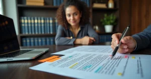 Advogada revisa contrato de prestação de serviços com destaques coloridos