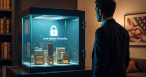 Empresário observa cofre transparente com miniaturas de empresas e cadeado digital