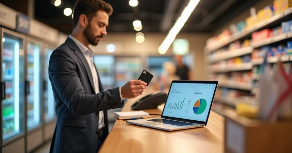 Como usar cartão de débito comercial nos EUA sem cometer erros 3 Empreendedor segura cartão de débito comercial em frente a prateleira de loja nos EUA