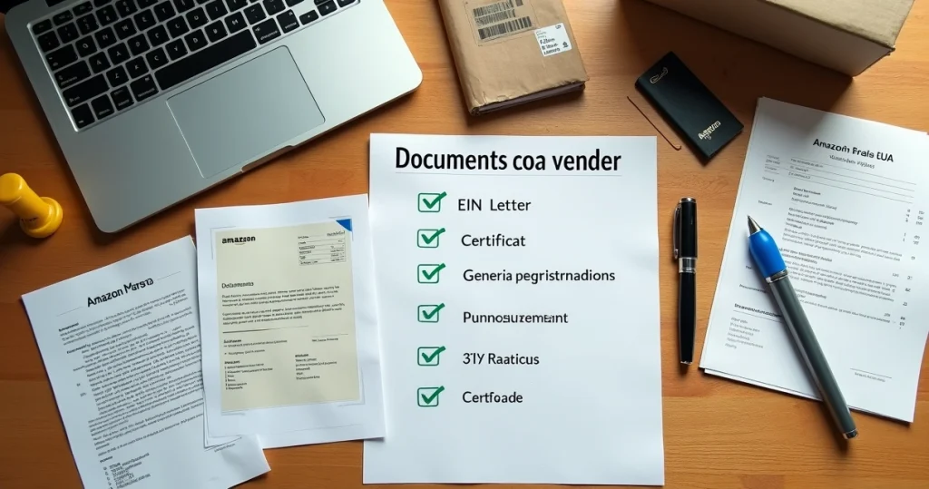 Checklist de documentos para vender em sites como a Amazon nos EUA 2 Mesa organizada com checklist impressa para vender na Amazon ao lado de notebook e documentos empresariais dos EUA