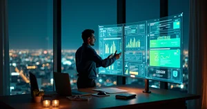 Empreendedor brasileiro escolhe software contábil em tela gigante com ícones de finanças