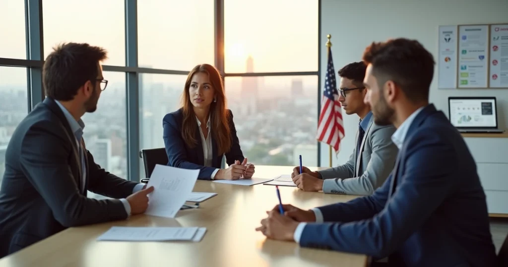 5 cuidados ao contratar funcionários americanos para sua empresa 3 Gestor entrevista candidata em escritório moderno com bandeira dos EUA ao fundo