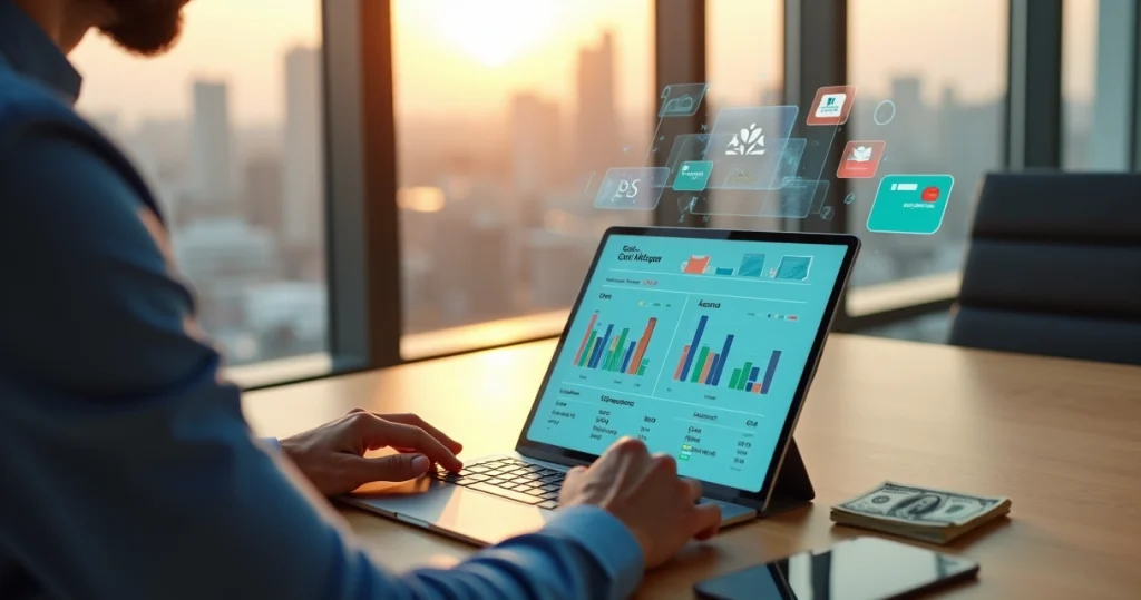 Comparativo das melhores fintechs para empresas brasileiras nos EUA 7 Comparativo de aplicativos de fintech com empresário analisando opções em tablet