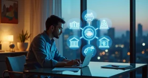 Brasileiro analisa painel com bens e ícones dos EUA para declaração de imposto de renda