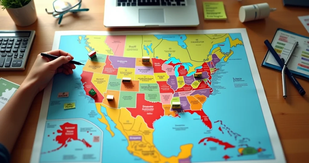 Impostos estaduais para pequenas empresas nos Estados Unidos 6 Mapa dos Estados Unidos com ícones de pequenas empresas e símbolos de imposto