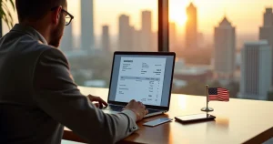 Empreendedor brasileiro analisa nota fiscal digital com skyline de cidade americana ao fundo