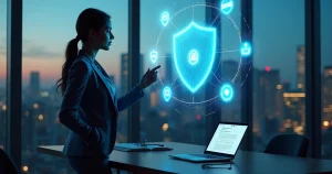 Empresária observa holograma com ícones de propriedade intelectual protegidos por escudo digital