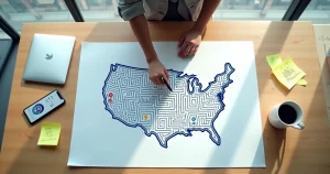 Gestor aponta caminhos de redução de custos em mapa em formato de labirinto com ícones financeiros