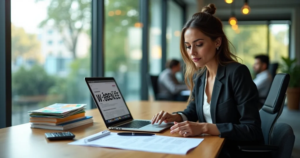 Como emitir o W-8BEN-E para empresas do Brasil nos EUA 1 Executiva brasileira preenche formulário fiscal W-8BEN-E em notebook em escritório moderno